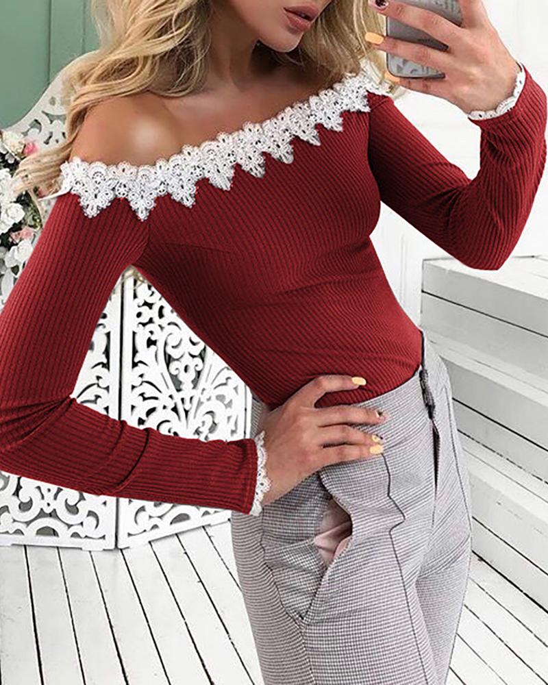 

Guipure Lace Ribbed Long Sleeve Top, Red