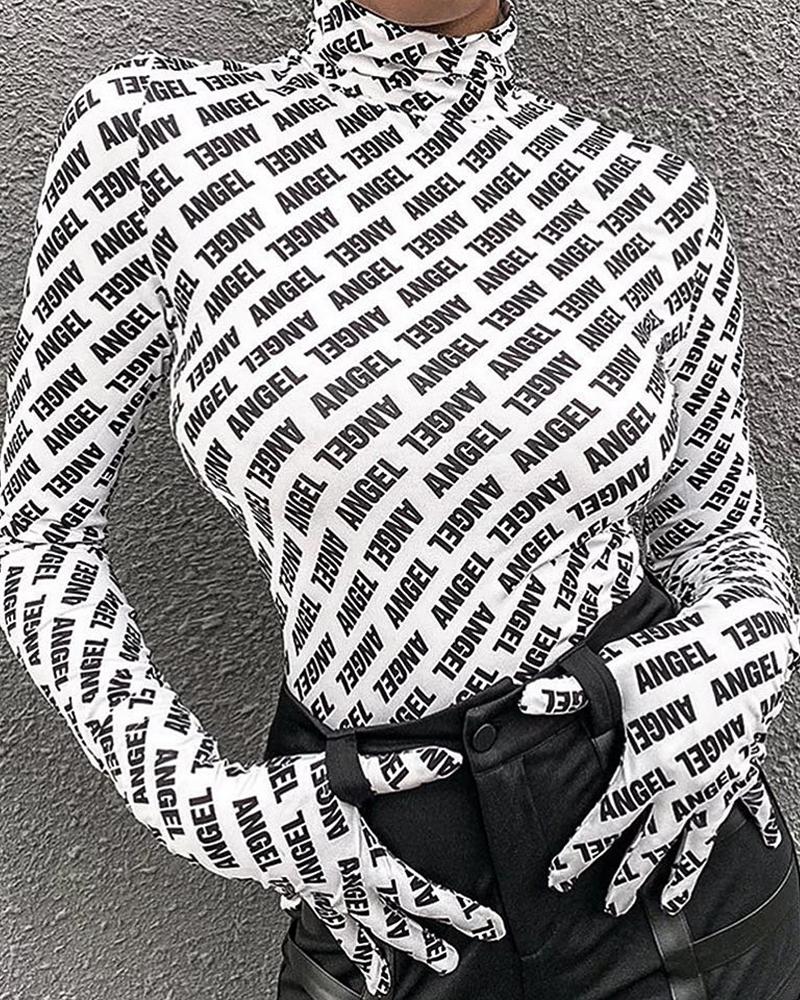 

Letter Print Mock Neck Bodysuit, White