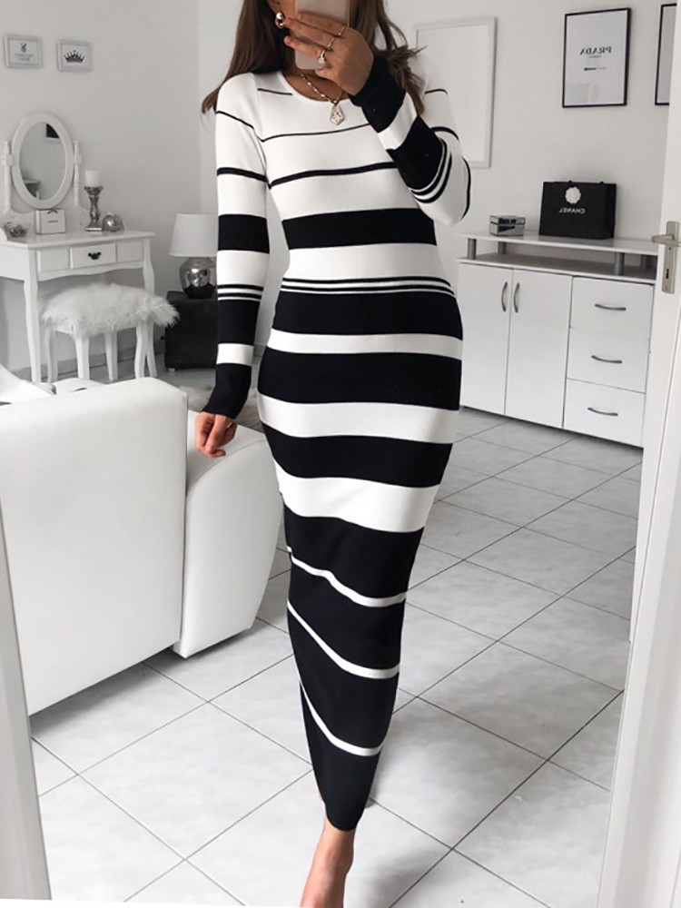 striped long sleeve bodycon dress