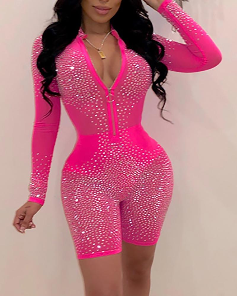 

Studded Mesh Long Sleeve Romper, Pink