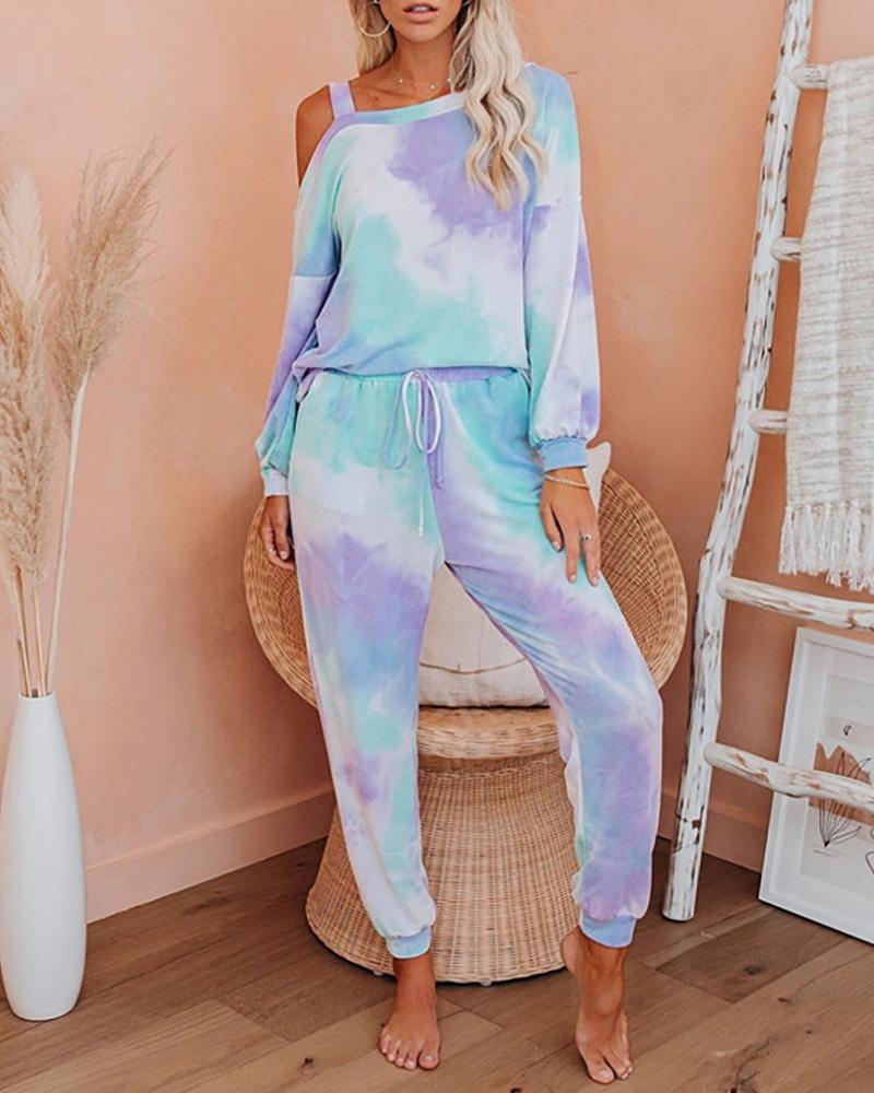 

One Shoulder Tie Dye Print Pajamas Set, Blue