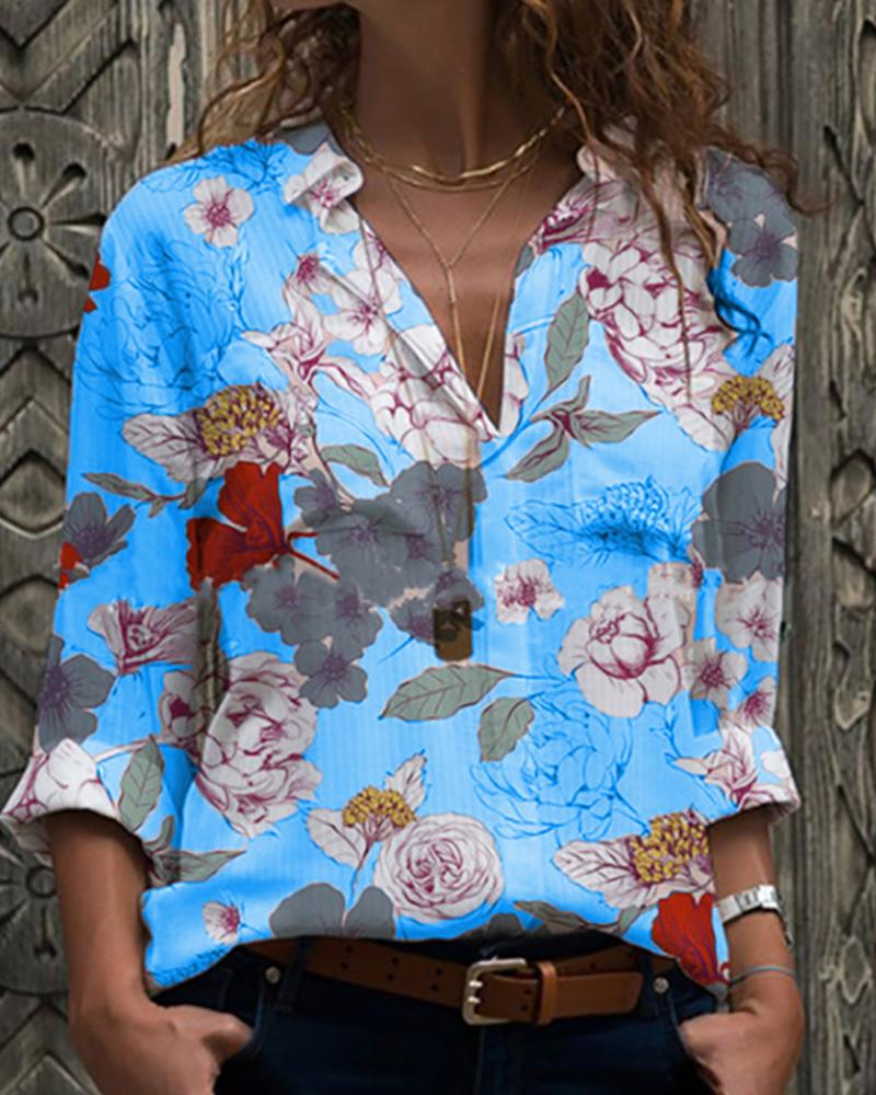 

Blooming Floral Print Long Sleeve Shirt, Blue