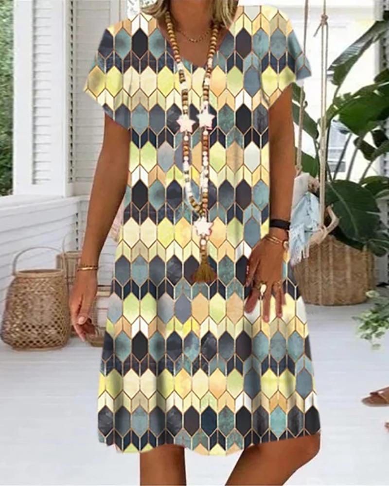 

Geo Pattern Print Colorblock Short Sleeve Dress, Yellow