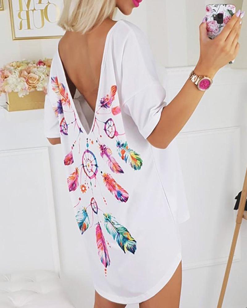 

Print Backless Round Neck T-shirt, White
