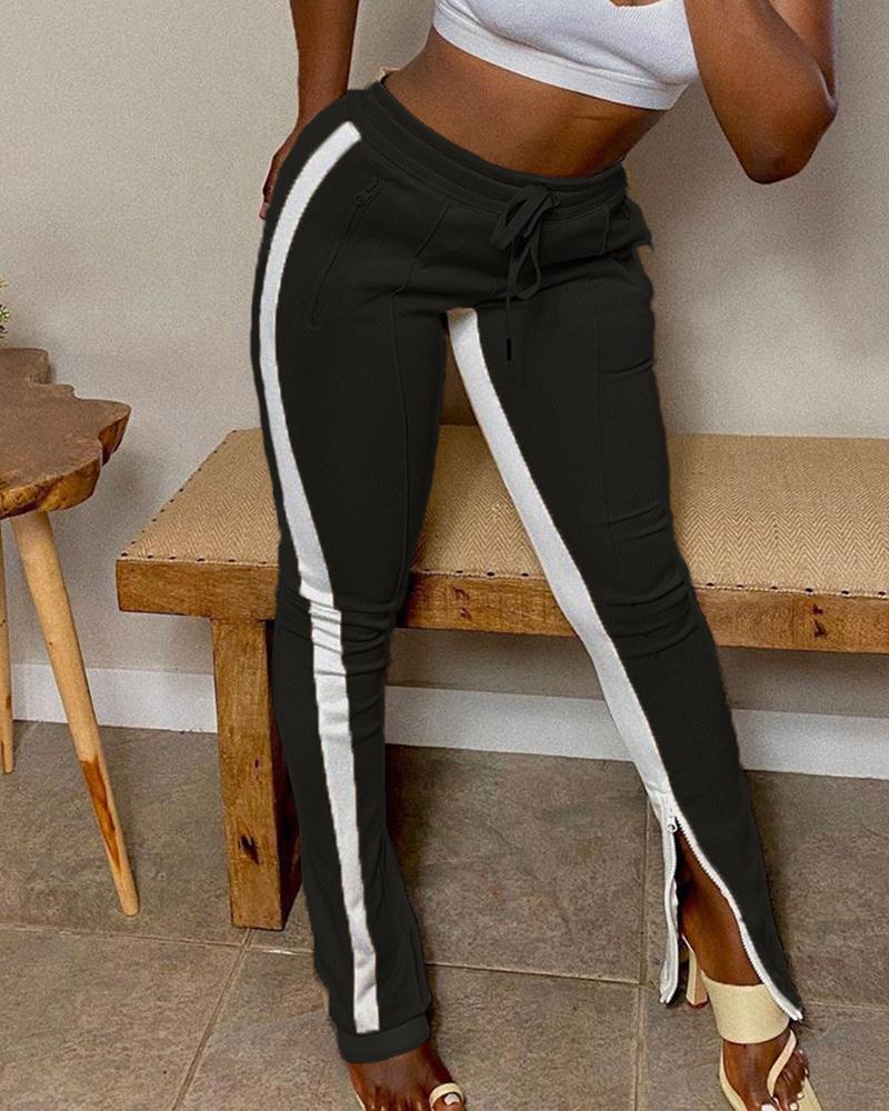 

Colorblock Zipper Design Drawstring Pants, Black