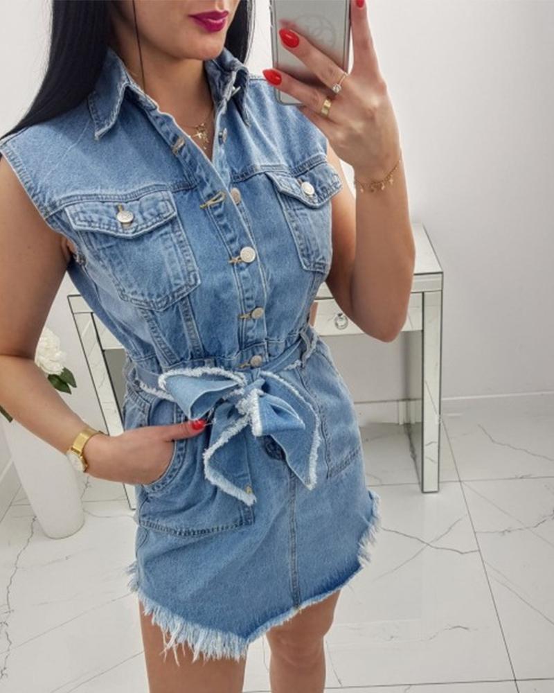 

Button Pocket Design Fringe Hem Denim Dress, Blue
