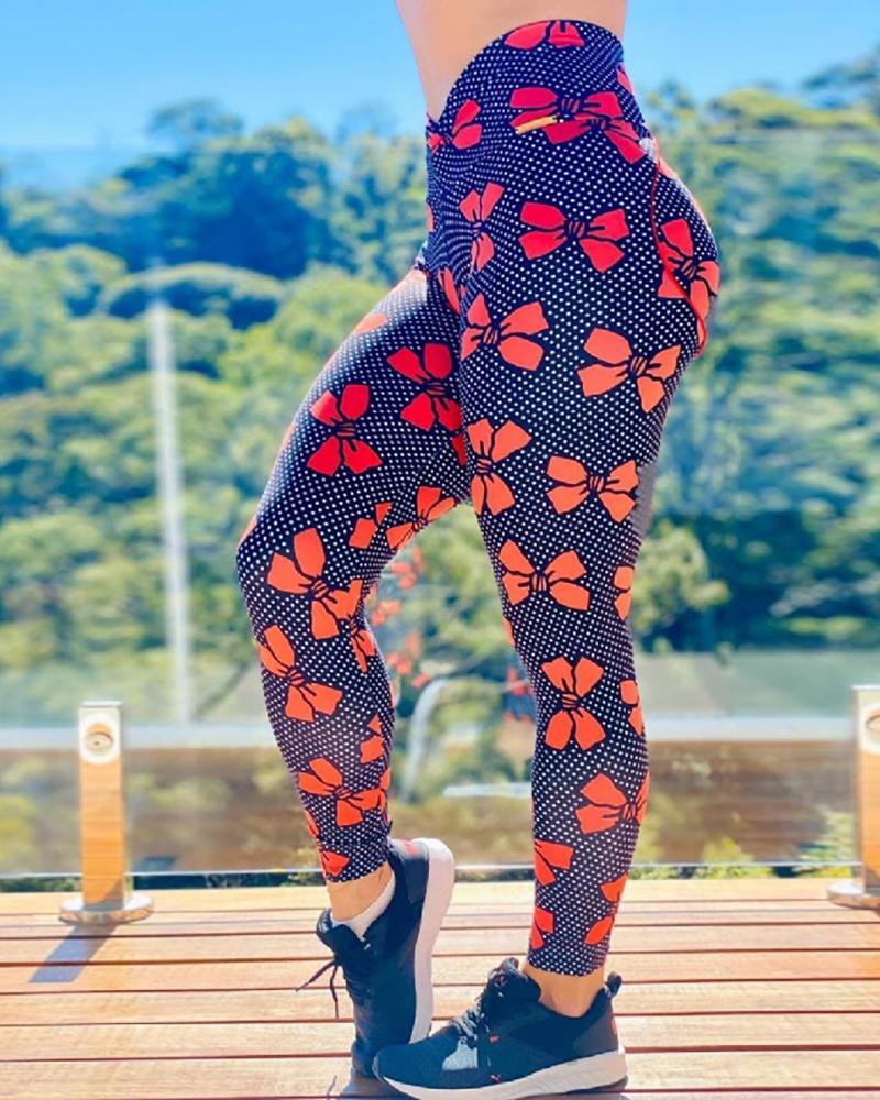 

High Rise Butterfly Print Butt Lifting Yoga Pants, Black