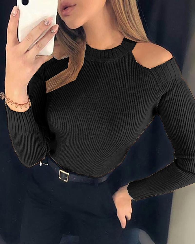 

Solid Cold Shoulder Ribbed Knitting Sweater, Black