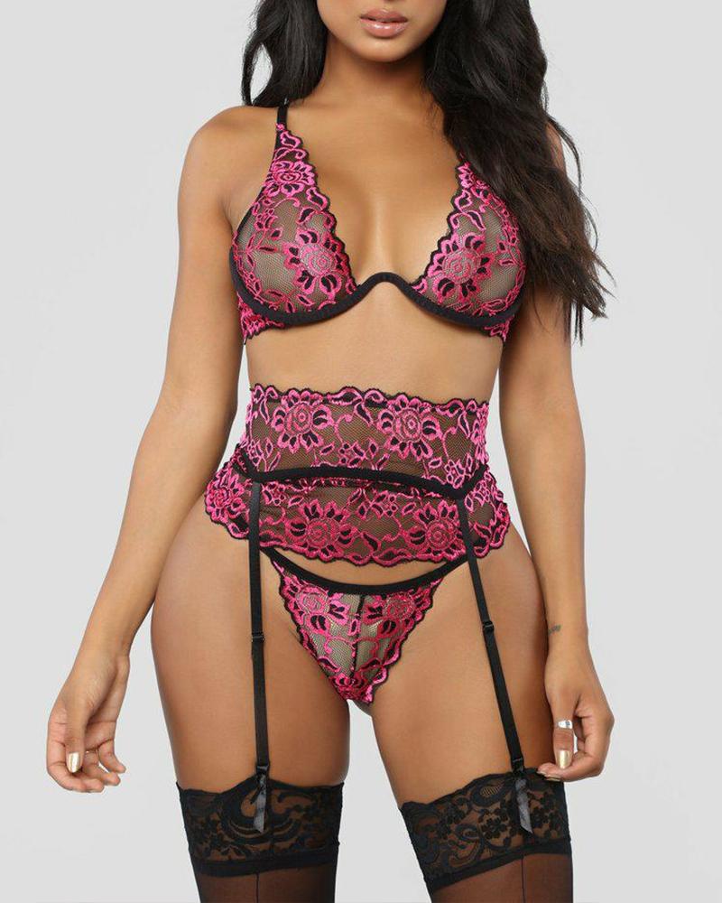 

Sexy Floral Embroidery Spaghetti Strap Bra Sets, Hot pink