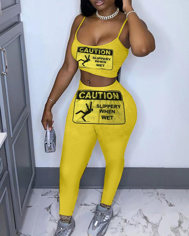 

Letter / Slogan / Leaf Print Crop Top & High Waist Pants Set, Style4