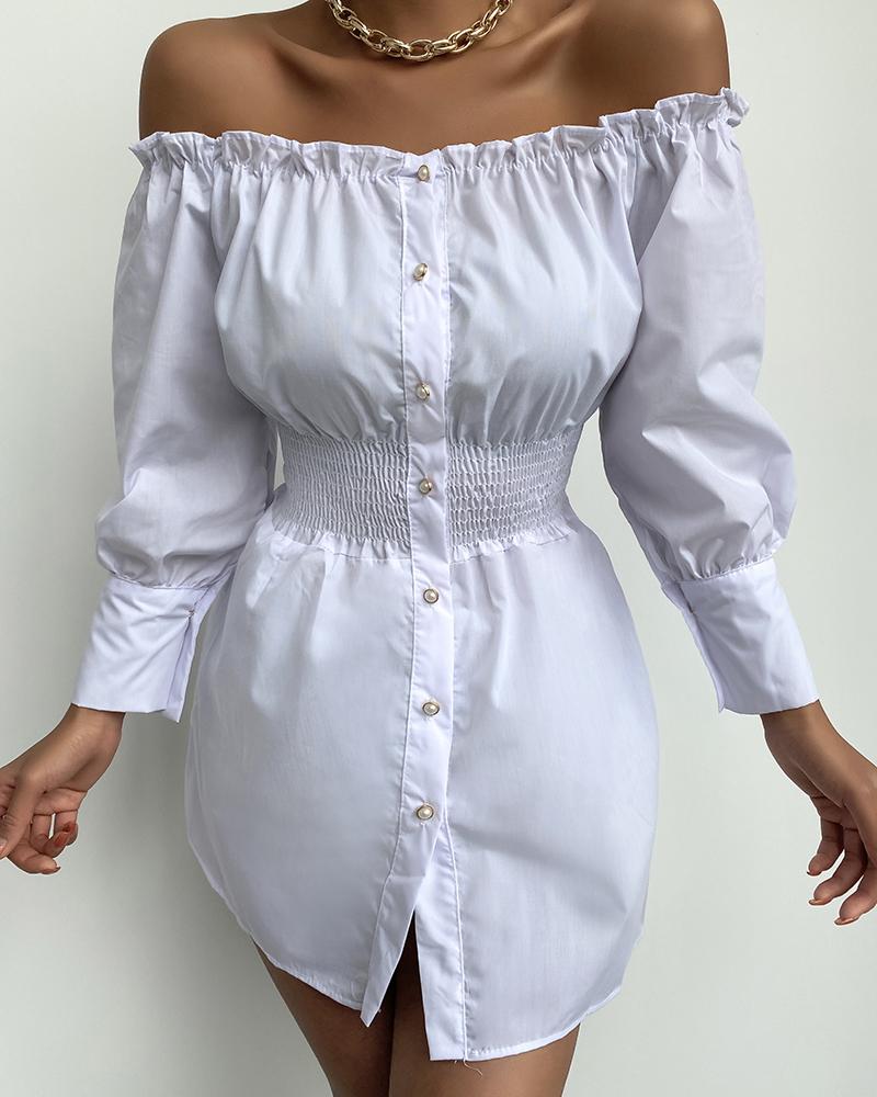 

Off Shoulder Lantern Sleeve Shirring Waist Shirt Dress, White