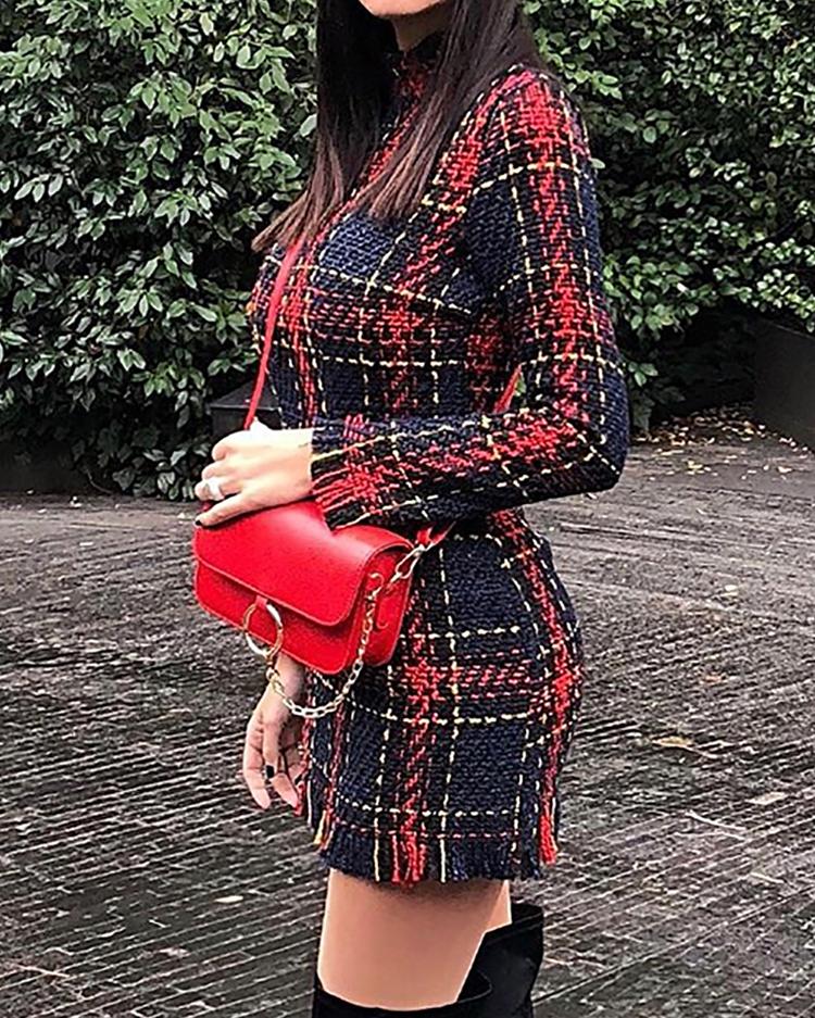 long sleeve frayed hem tweed dress