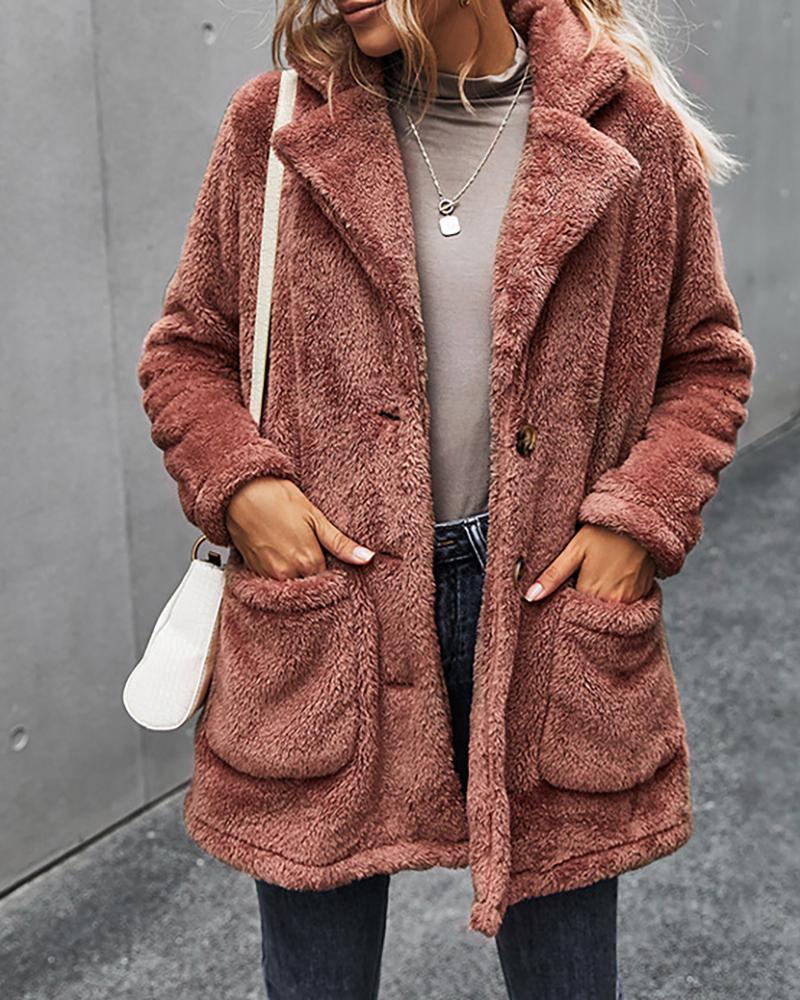 

Fluffy Buttoned Pocket Design Fleece Long Sleeve Coat, Red