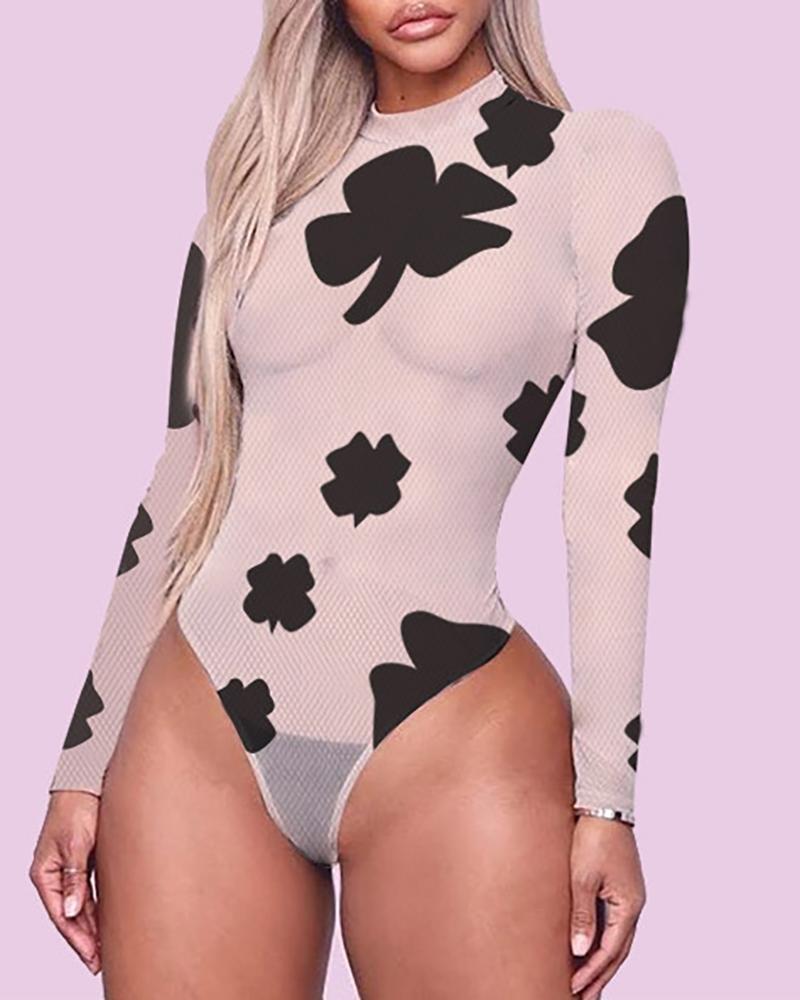 

Letter / Clover Print Sheer Mesh Bodysuit, White