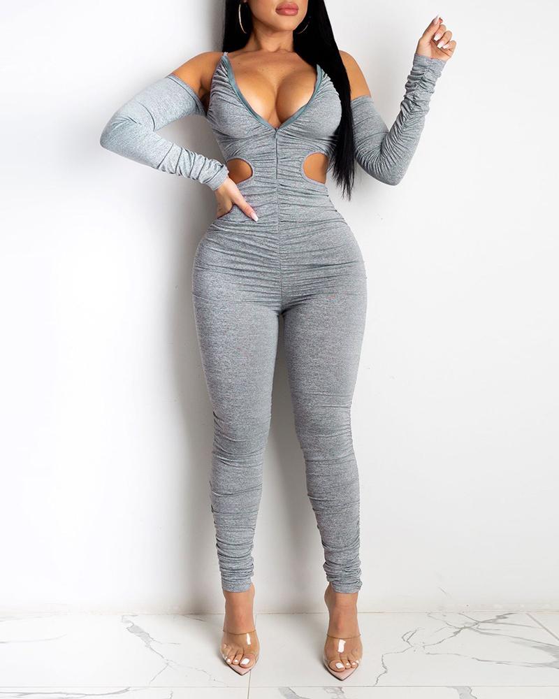 

Plain Cutout Skinny Sexy Jumpsuit, Gray