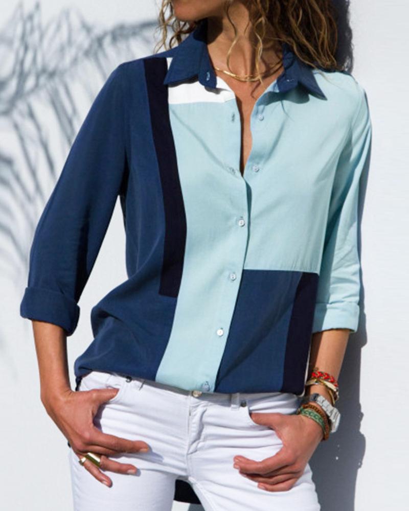 

Color Blocking Button Design Casual Blouse, Blue