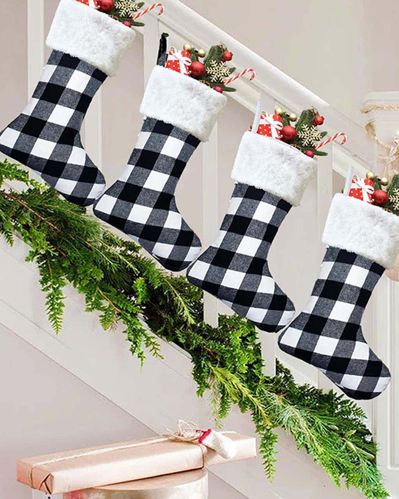 

1PCS Christmas Plaid Fluffy Socks Ornaments, Black