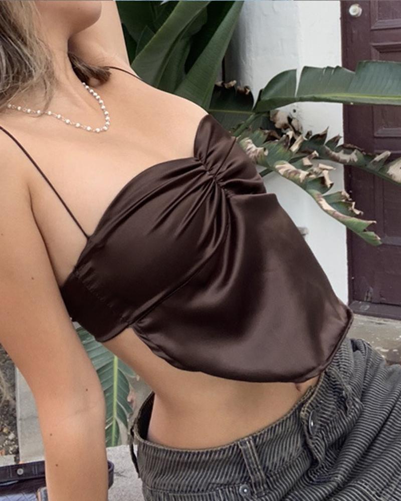 

Solid Color Sling Backless Cropped Top, Brown