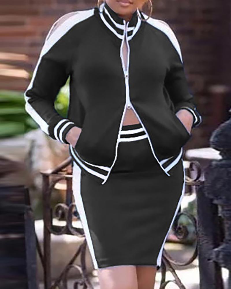

Colorblock Striped Coat & Skirt Sets, Black
