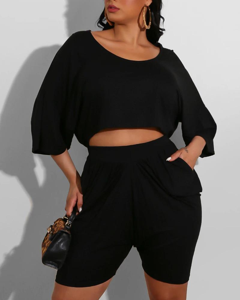 

Casual Crop Top & Pocket Design Ruched Shorts Set, Black