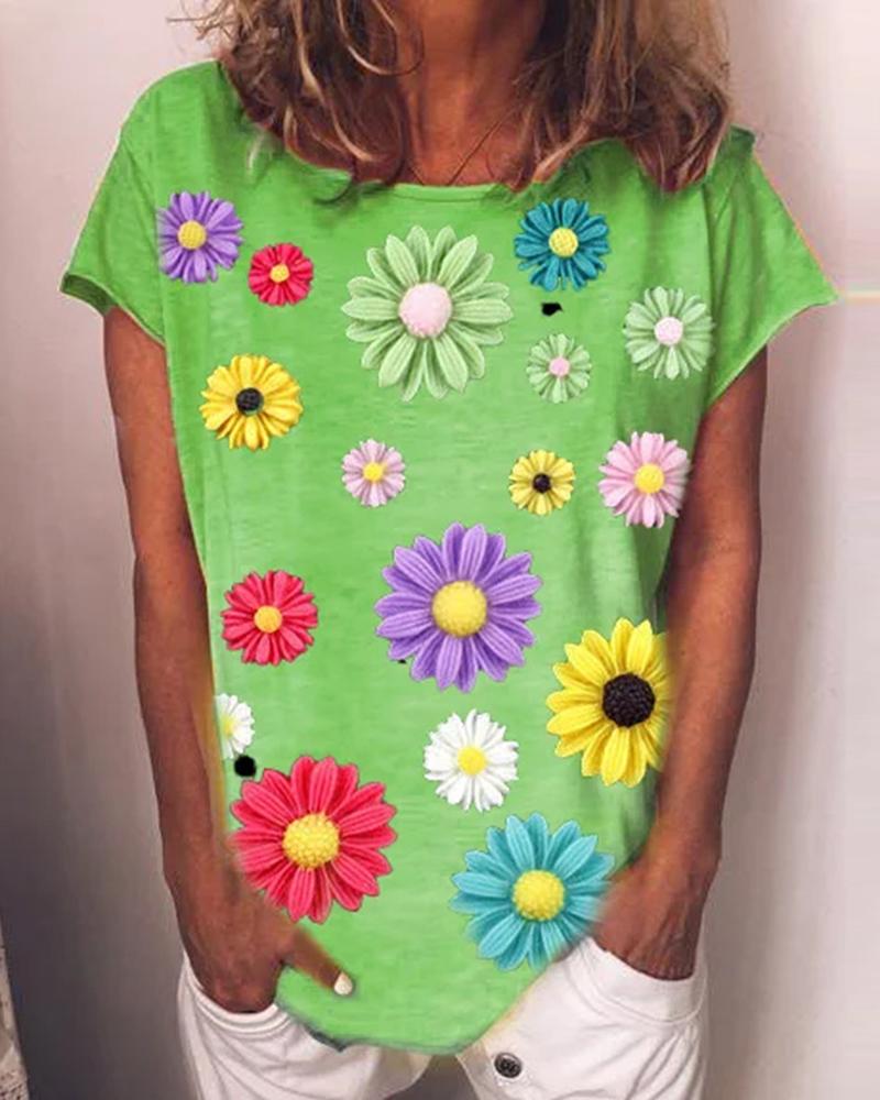 

Daisy Print Round Neck Casual T-Shirt, Green