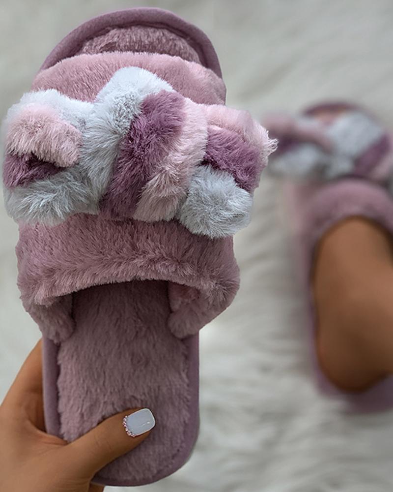 

Twisted Colorblock Fluffy Slippers, Purple