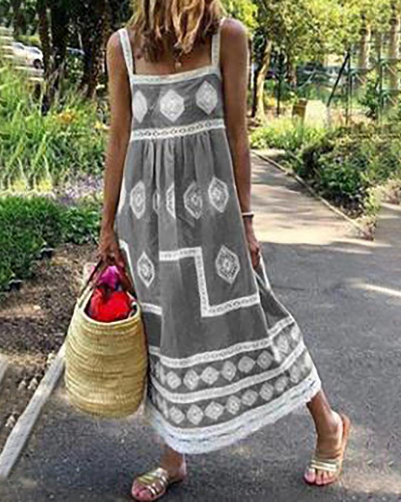 

Geometry Print Colorblock Square Neck Maxi Women Dress, Gray