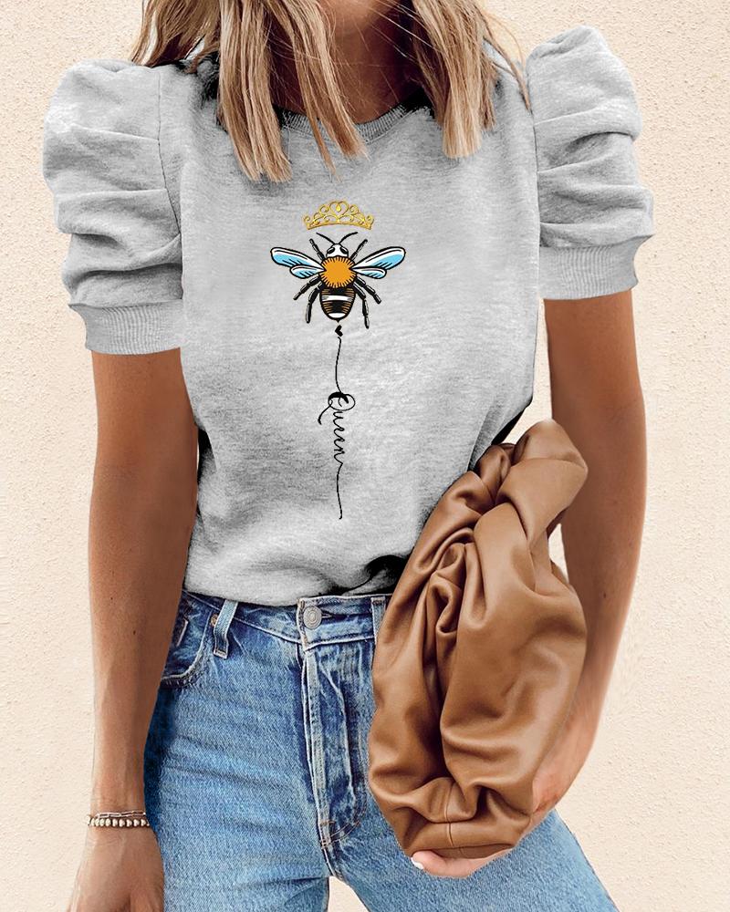 

Bee Graphic Print Puff Sleeve Casual T-shirt, Gray