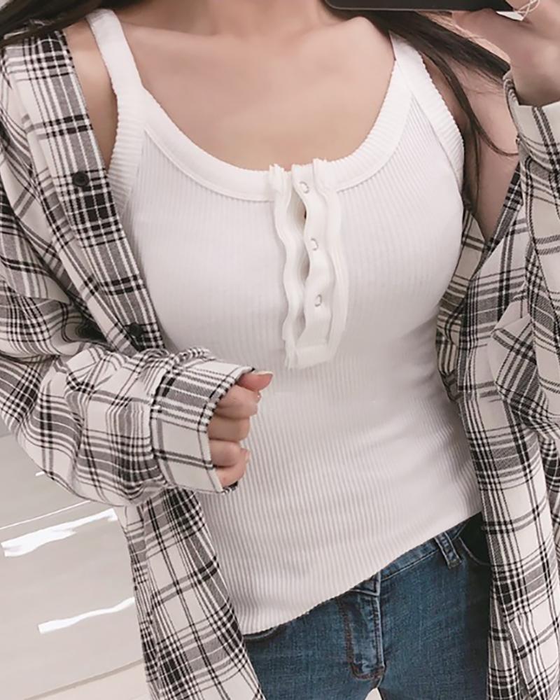 

Round Neck Button Design Ribbed Casual Top, White