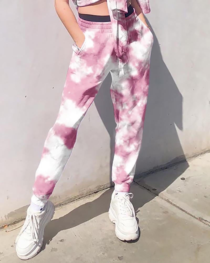 

Tie Dye Print Pocket Design Casual Pants, Pink