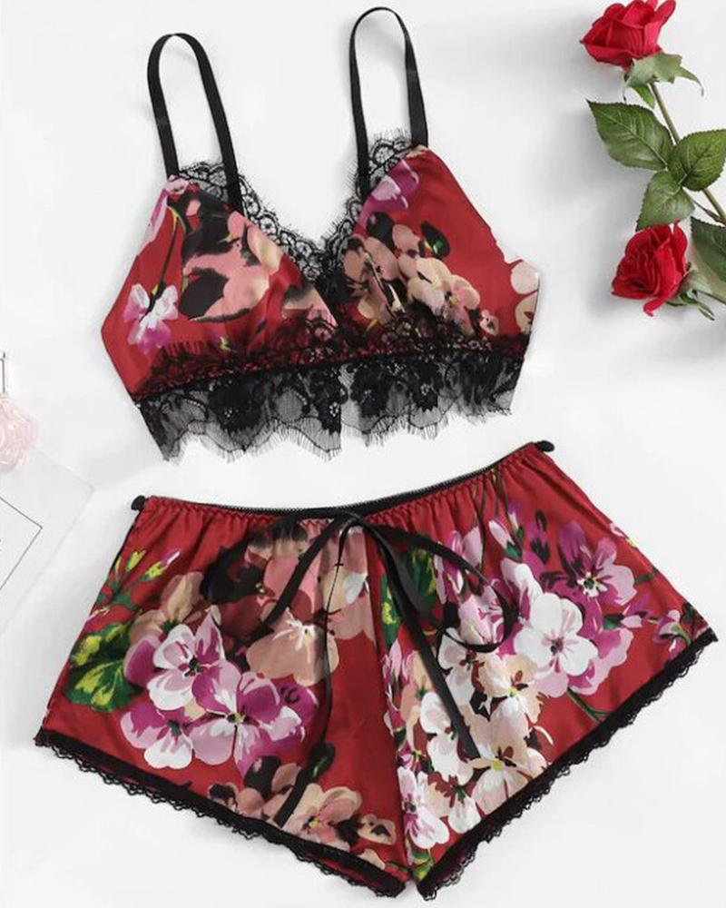 

Floral Lace Trim Cami Set, Red