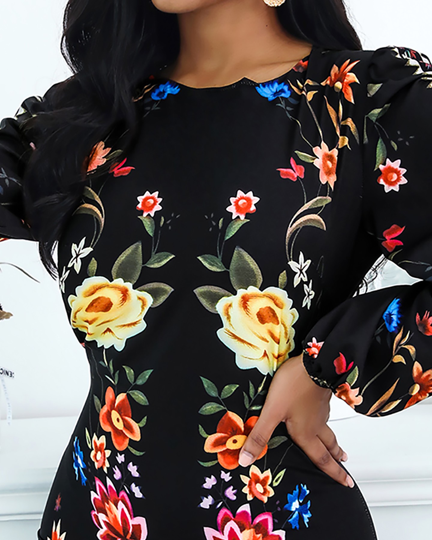 cutout back bishop sleeve floral bodycon dress