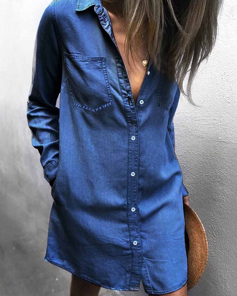 

Solid Long Sleeve Loose Button-up Denim Shirt Dress, Light blue