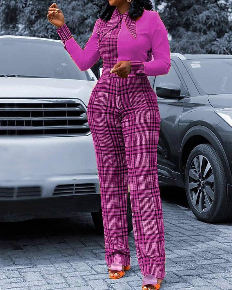 

Plaid Colorblock Long Sleeve Jumpsuit, Purple