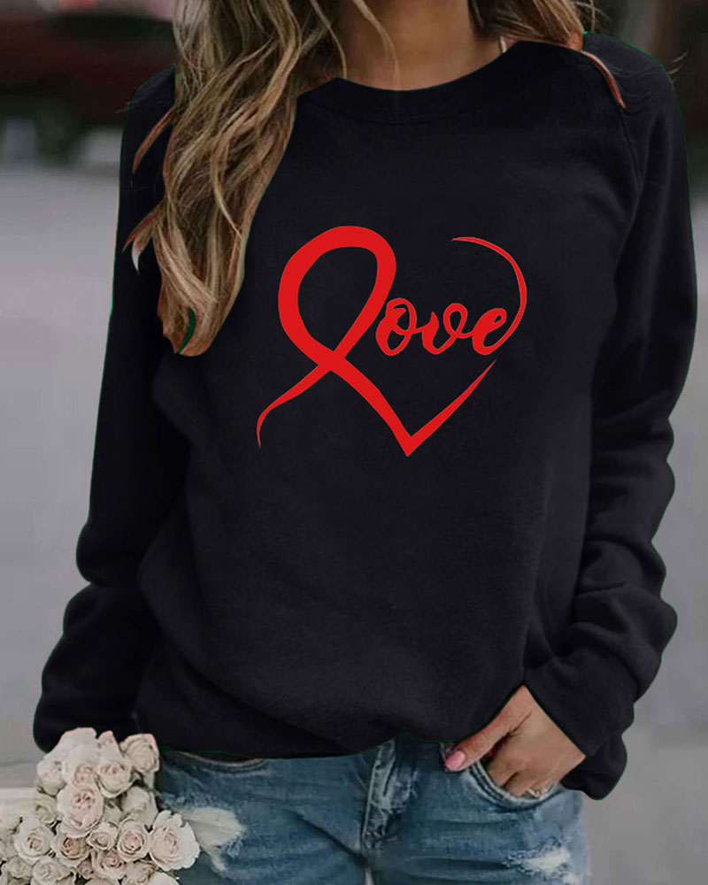 

Letter Heart Print Long Sleeve Sweatshirt, Black