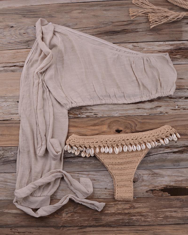 

One Shoulder Pompom Crochet Tankini Set, Khaki