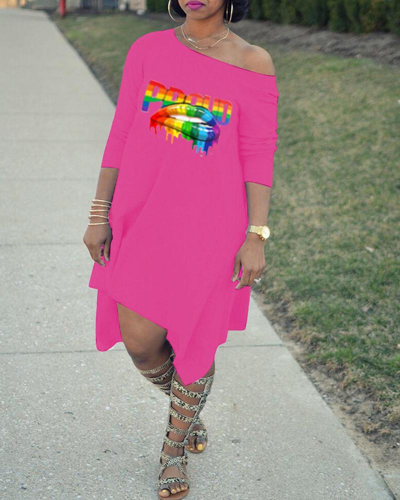 

One Shoulder Long Sleeve Dress, Hot pink