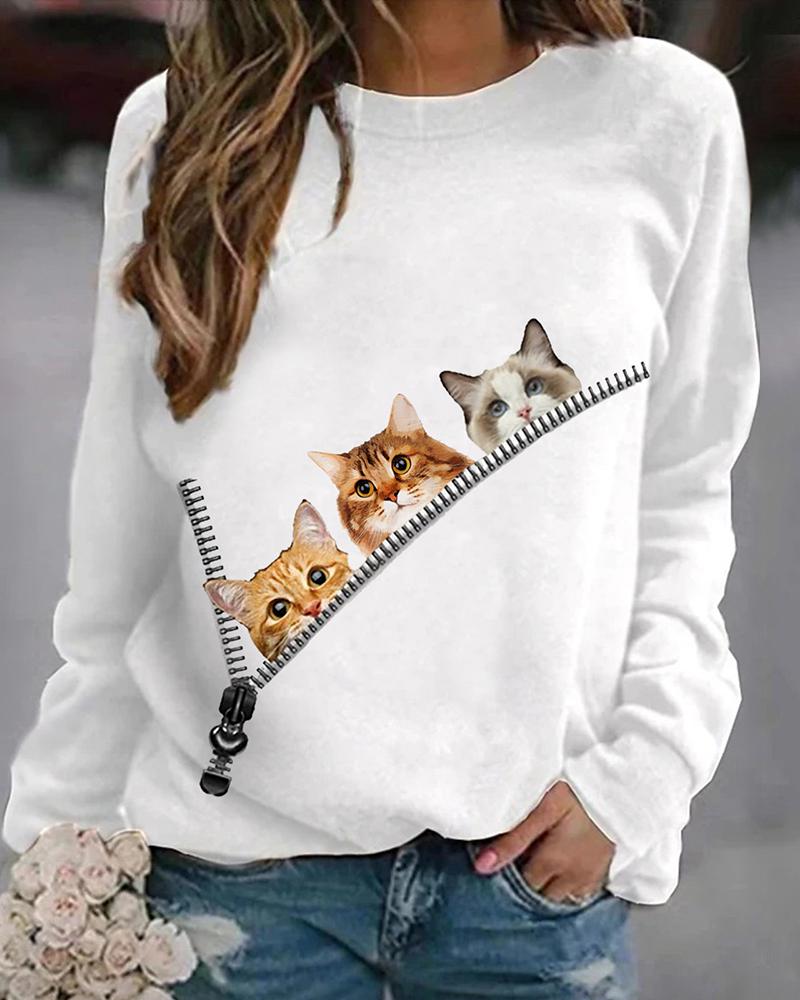 

Zipper Design Animal Print Round Neck Sweatshirt, White