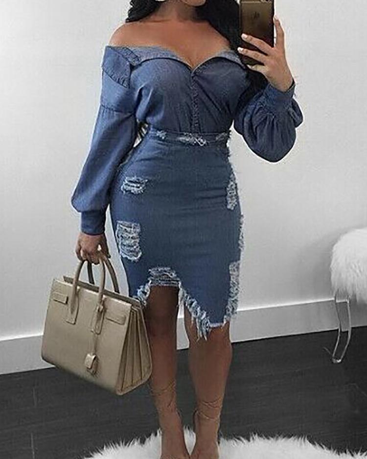 

Sexy Slinky Distressed Denim Top &Skirt Set, Blue