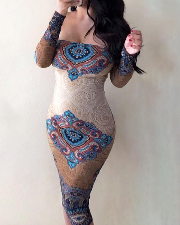 

Ethnic Print Off Shoulder Long Sleeve Bodycon Dress, Multicolor