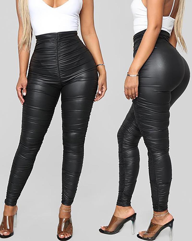 

Plain Ruched High Waist PU Leather Pants, Black