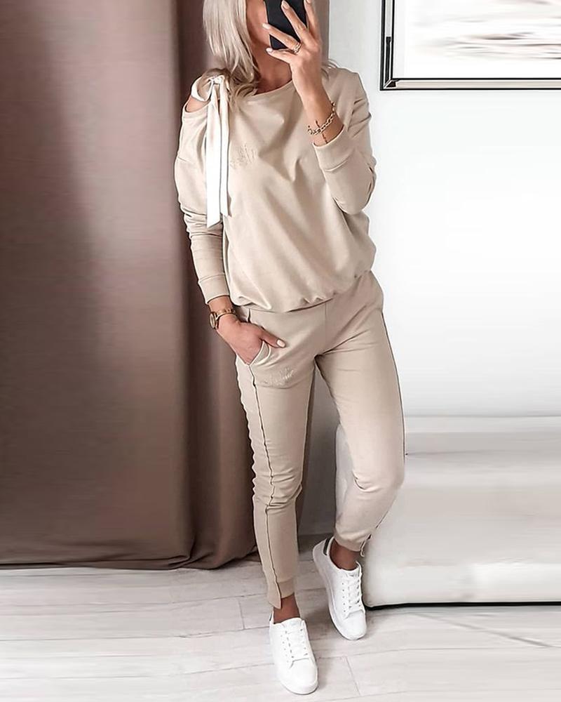 

Long Sleeve Cold Shoulder Top & Pants Set, Apricot
