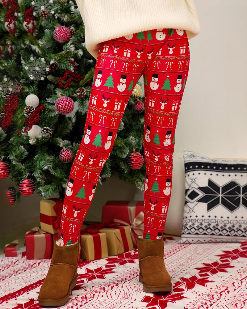

Christmas Reindeer Snowflake Print Skinny Pants, Red