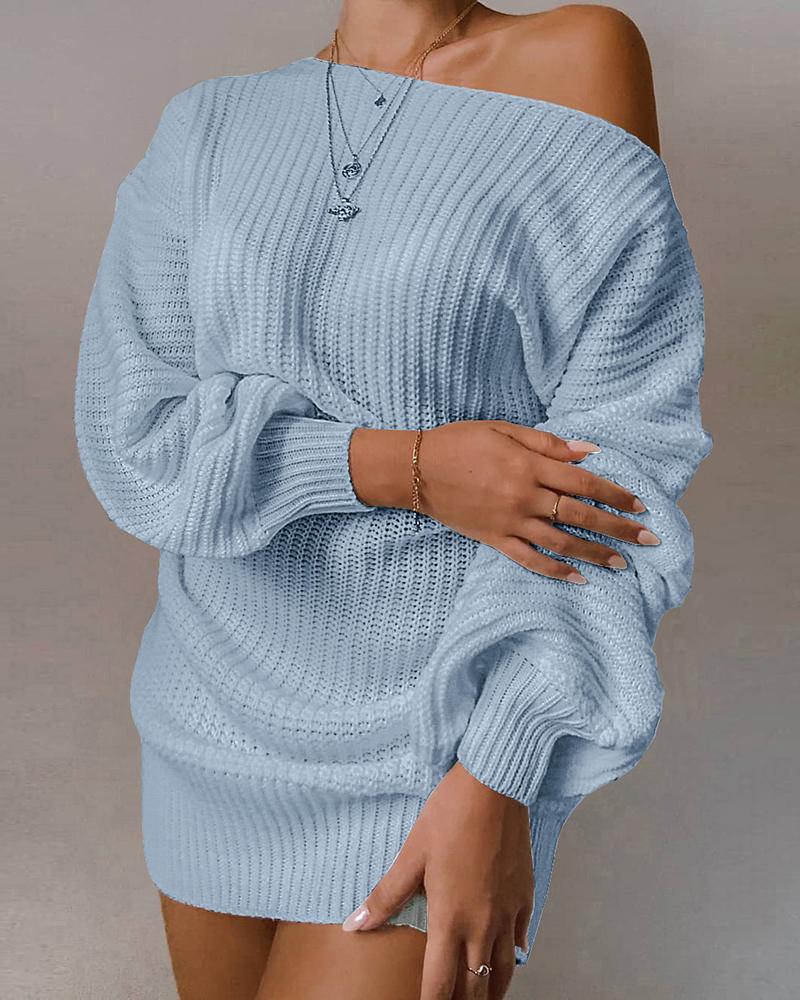 

One Shoulder Lantern Sleeve Knit Dress, Blue