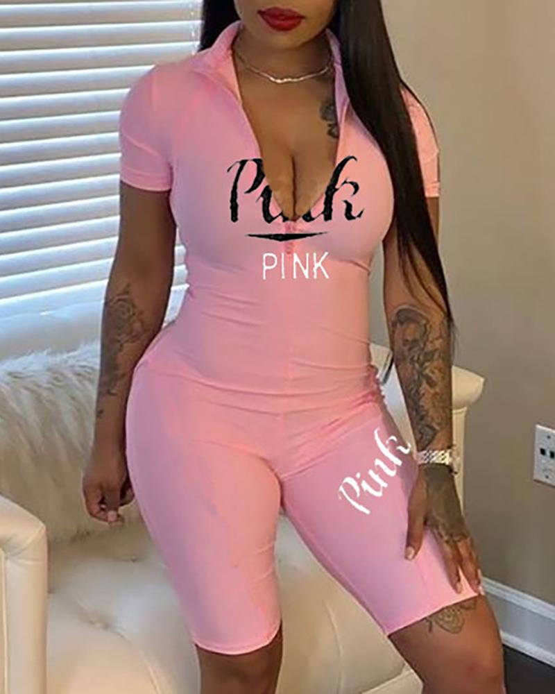 

Letter Print Plunge Short Sleeve Fitted Romper, Pink