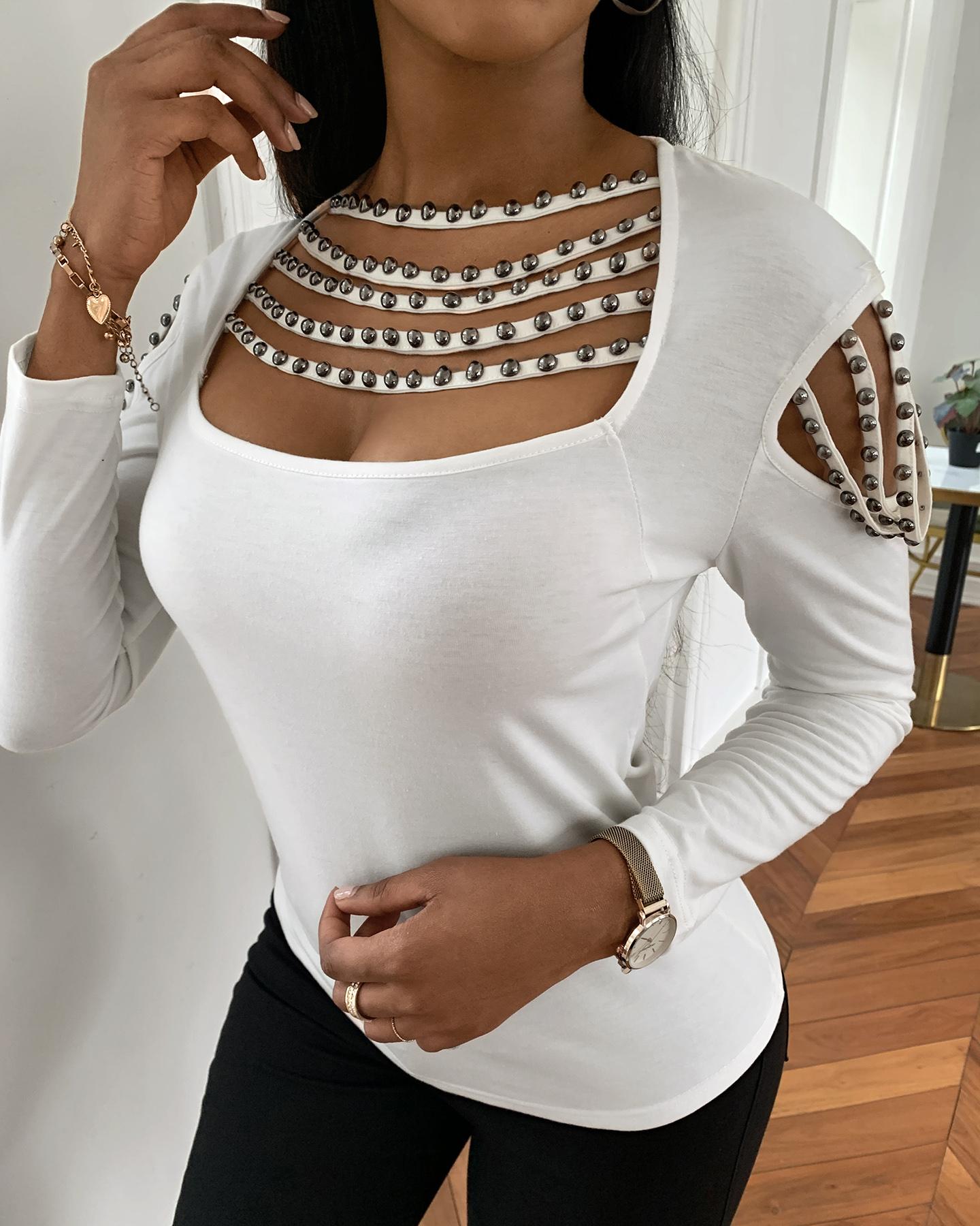 

Cold Shoulder Tassels Studded Blouse, White