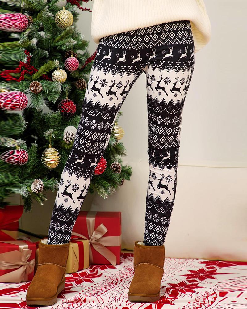 

Christmas Reindeer Snowflake Print Skinny Pants, Black&white