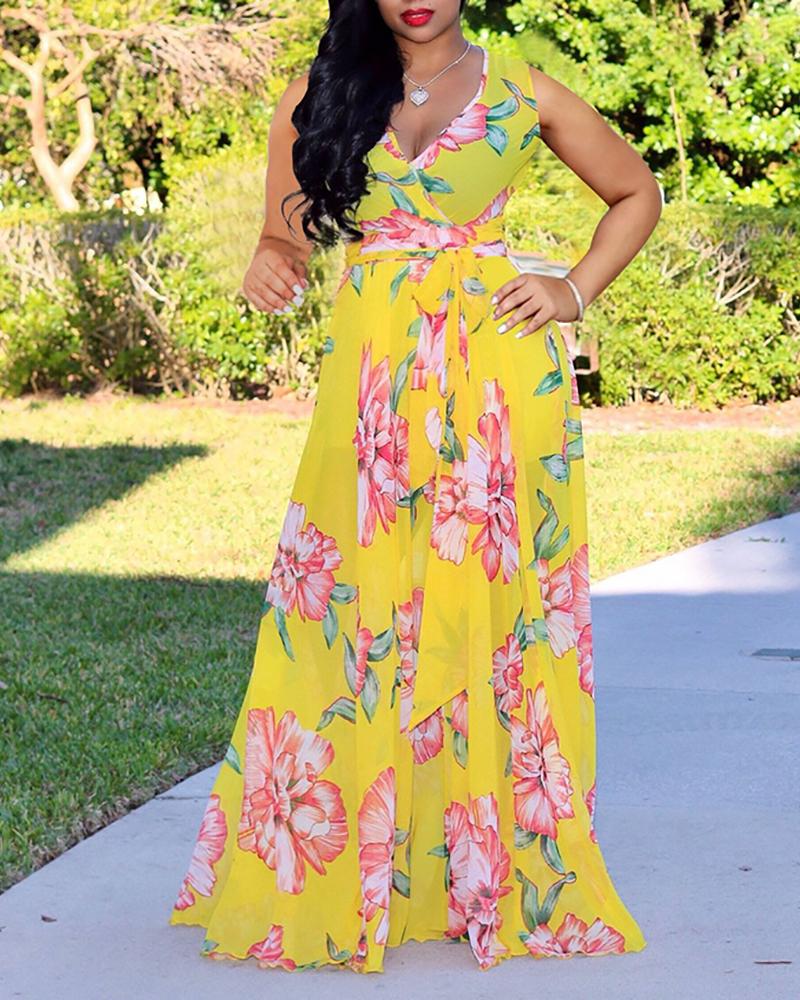 

Floral Print Mesh Sleeveless Maxi Dress, Yellow