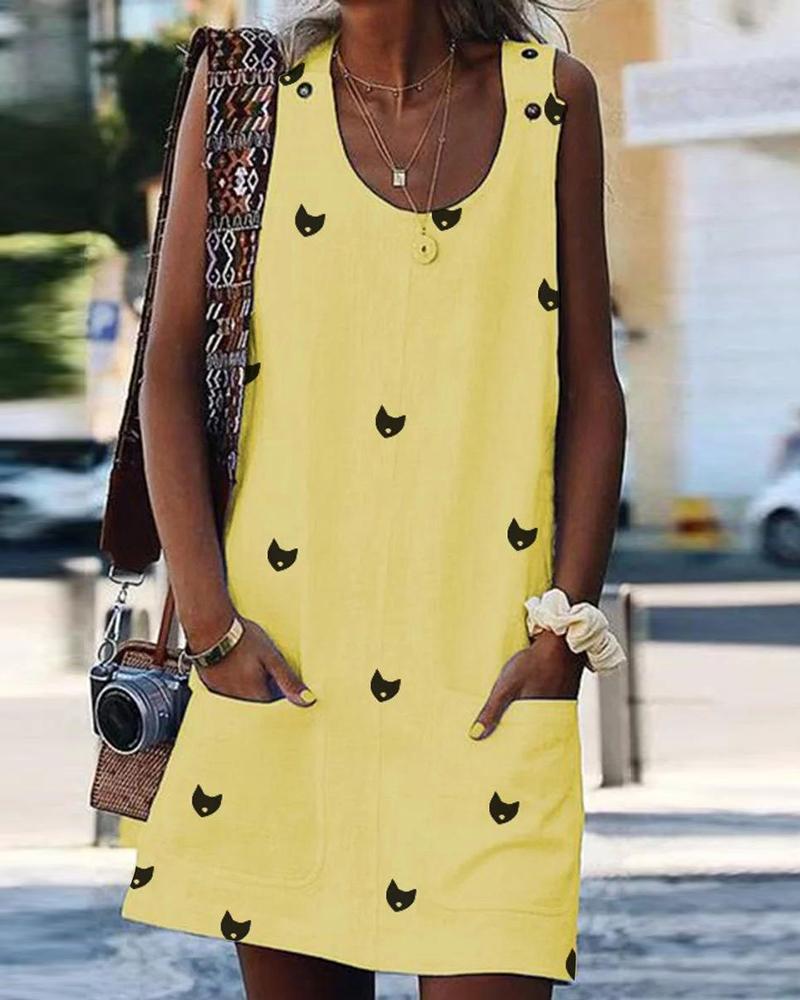 

Print button strap dress, Yellow