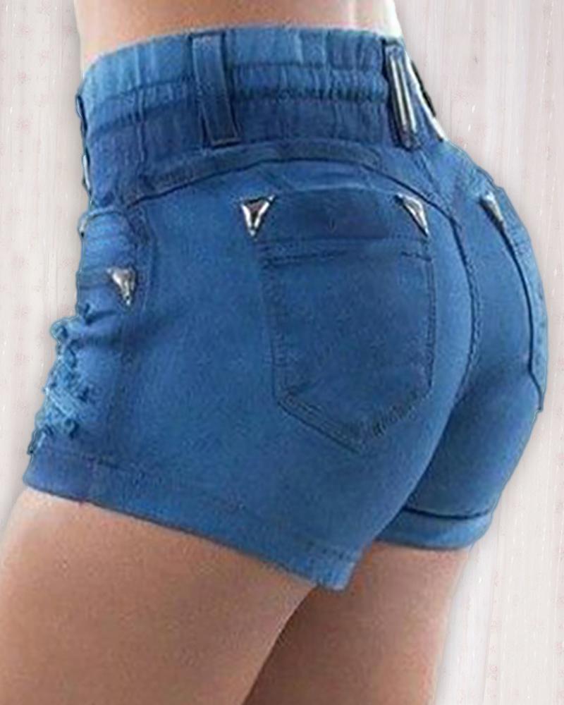 

High Waist Pocket Design Ripped Denim Shorts, Blue